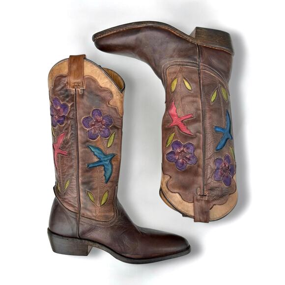 Oak Tree Farms Western Boots Bird Flower Custom Handmade Leather Teak 7.5 OOAK - Picture 7 of 12